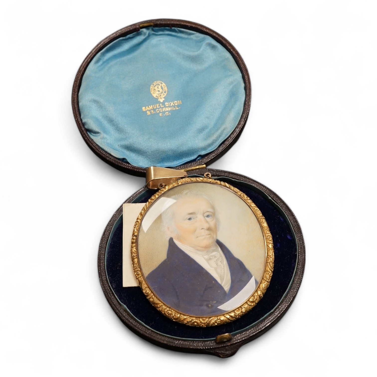 Manner of Thomas Richmond (1771-1837), Portrait miniature on ivory, Portrait of Francis Robinson, with hair work and seed pearls verso, housed in a gilt metal case, 11cm high. CITES Submission reference EF4KBE7V